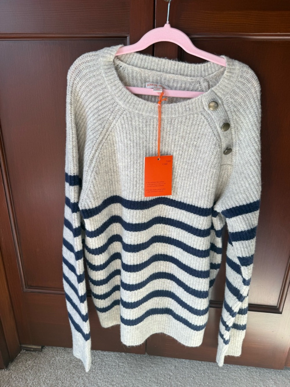 Natural & Navy Striped Crewneck Sweater with Shoulder Buttons